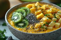 Vibrant smoothie bowl with mango chunks, sliced kiwi, and chia seeds garnished with fresh herbs in gray speckled ceramic bowl. Healthy breakfast concept.