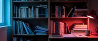 Young adult male, Caucasian ethnicity, student or creative professional, studying at desk with neon-lit bookshelf in modern workspace combining cool blue and warm red ambient lighting.