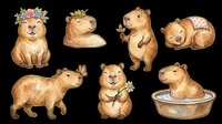 Cute watercolor capybara set with seven poses, isolated on transparent background. Great for stickers, t-shirt design, print on demand, clipart, and sublimation projects.