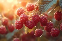 Fresh ripe red raspberries hanging on bush branch with green leaves in warm golden sunlight. Organic berry harvest in summer garden for healthy eating.