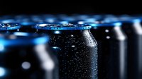 Aluminum beverage cans with condensation droplets in dark setting, illuminated by blue light creating dramatic atmosphere. Focus on water drops and metallic texture.