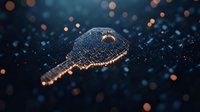Digital key silhouette glowing with orange light particles on dark blue background, representing cybersecurity and digital access technology solutions.