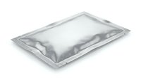 Silver metallic foil packet isolated on white background for product packaging design and commercial use in food industry applications.