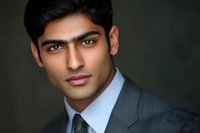 Professional headshot portrait of young South Asian businessman in dark suit and tie against blurred dark background, confident expression and direct gaze.