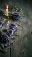 Mystical altar setup with burning candle, amethyst crystals, dried lavender bundles and crystal ball on rustic wooden surface for spiritual practices.