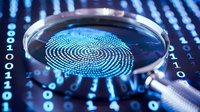 Digital fingerprint scan through magnifying glass on blue binary code background, representing cybersecurity and biometric authentication technology.