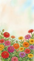 Watercolor zinnia garden border with colorful blooms in red, pink, yellow, orange and purple on soft pastel background with copy space.