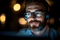 Bearded Caucasian male professional wearing glasses and headphones working late at night, illuminated by screen glow with bokeh lights in background. Focused expression.