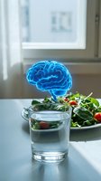 Glowing blue brain hologram floating above glass of water with fresh salad on kitchen table representing brain health nutrition and cognitive wellness concept.