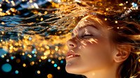 Young woman with wet hair emerging from water against golden sunset light, creating magical bokeh effect and water droplets in dramatic underwater photography scene.