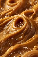 Swirling caramel sauce with tiny bubbles in macro shot showing smooth, glossy texture and flowing curves of sweet dessert topping for food photography.