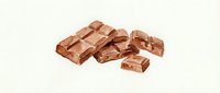Broken chocolate pieces scattered on white background, isolated confectionery segments for food and beverage design projects.