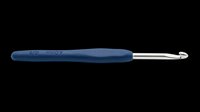 Crochet hook with blue ergonomic handle and silver metal tip, isolated on transparent background. Ready for crafting clipart, stickers, print on demand, and t-shirt design use.