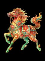 Ornate decorative horse with vibrant red, gold, and green colors, isolated on transparent background. Ready for t-shirt design, clipart, stickers, sublimation, and print-on-demand products.