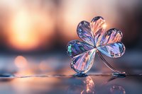 Delicate glass clover with iridescent reflections on blurred background with bokeh lights. Macro photography captures magical rainbow colors and crystal shine.