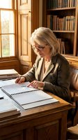 Senior Caucasian businesswoman with glasses reading documents at wooden desk in traditional library office with books and warm natural lighting.