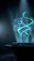 Futuristic holographic display projecting glowing cyan data interface above a high-tech console in a dark sci-fi environment.