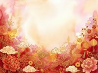 Lunar new year celebration background with red and gold decorative elements, peonies, lanterns, and clouds framing blank center space for text or design use.
