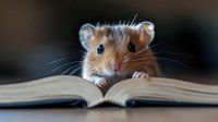 Curious hamster peeking over open book pages with tiny paws and whiskers, creating adorable educational scene against dark background for learning concepts.