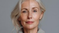 Portrait of mature woman with face divided showing aging process and skin transformation. Natural beauty concept highlighting contrast between aged and rejuvenated appearance.