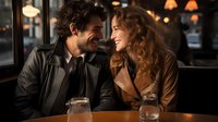 Young couple sharing intimate moment at evening restaurant, laughing together. Warm lighting creates romantic atmosphere. Man in black suit, woman in brown leather jacket.