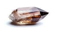 Natural smoky quartz crystal with translucent brown and clear zones showing prismatic structure and raw crystalline formation on white background, isolated mineral specimen.