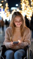 Young woman in wheelchair using smartphone at night with festive lights creating warm bokeh background for holiday accessibility concepts.