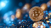 Golden cryptocurrency coin on sparkling blue and orange bokeh background with glitter effect creates modern financial atmosphere.