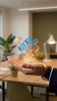 Businessman hand holding glowing puzzle piece in modern office environment representing solution finding and problem solving for business success.