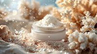 White cosmetic cream jar with powder splash surrounded by cotton flowers and glowing bokeh lights in warm beige tones, luxury skincare product photography.