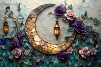 Mystical crescent moon with glowing lanterns adorned by purple and pink roses, butterflies and climbing vines against textured mosaic background. Fantasy garden scene.