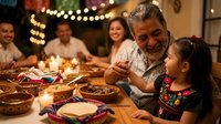 Multi-generational Hispanic family enjoying traditional dinner together with grandfather and granddaughter sharing meal at festive table with warm lighting.