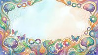 Colorful ornamental border frame with swirling patterns, infinity symbols, butterflies and decorative elements on isolated background. Suitable for invitations, cards and design projects.