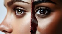 Close-up split image of two women's eyes and partial faces showing contrast between light and dark skin tones with professional makeup application.