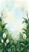 Watercolor peace lily border with lush green leaves framing soft pastel background, copy space for text, cards, invitations, and wall art.