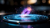 Cosmic spiral formation with glowing purple and blue energy waves creating mystical galaxy effect against dark background, abstract space visualization.