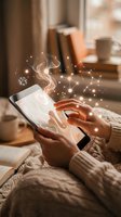 Woman hands holding tablet with glowing digital network connections and light effects in cozy home interior for technology and communication concepts.