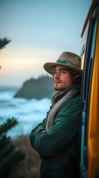 Young man in fedora hat leaning against yellow van door, enjoying coastal ocean view at sunset. Atmospheric outdoor adventure lifestyle portrait.