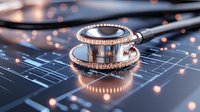 Medical stethoscope on digital circuit board with glowing lights and bokeh effects, representing healthcare technology and digital medicine advancement.
