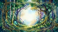 Enchanted forest glade watercolor painting with glowing light, magical mushrooms, lush greenery, and ornate golden frame border.