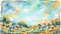 Watercolor illustration of wild horses galloping through open meadow landscape with mountains, trees, and cloudy sky in warm earth tones and cool blues. Suitable for wall art, children's books, and nature-themed designs.