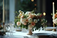 Elegant floral centerpiece with peach garden roses and white ranunculus in ceramic vase on wedding table setting with glowing candles and crystal glassware.