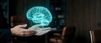 Businessman holding glowing holographic brain model in modern office environment representing artificial intelligence and neuroscience innovation.