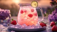 Fresh strawberry lemonade in glass pitcher with ice cubes, lime slice and berries on metal tray against blurred purple flowers at sunset background.