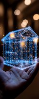 Glowing blue holographic ancient Greek temple floating above palm with sparkling particles and bokeh background, representing digital transformation and innovation.