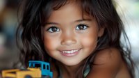 Young Asian girl with bright smile playing with toy truck, natural lighting creates warm atmosphere highlighting genuine childhood joy and innocence.