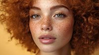 Young woman with curly red hair and freckles on yellow background, natural beauty portrait highlighting unique features and authentic appearance.