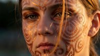 Young Caucasian woman with intricate orange henna tattoo patterns on face and body in warm golden sunlight creating artistic portrait for beauty campaigns.