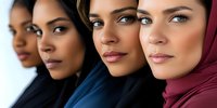 Diverse women wearing hijabs in different colors, representing cultural diversity, female empowerment, and religious identity in modern society.
