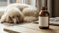 Amber glass bottle with blank label on wooden table, fluffy white dog resting in soft background, pet health and wellness concept.